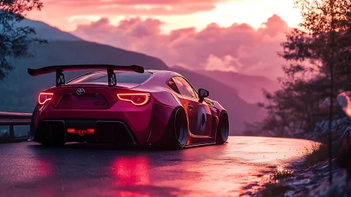 Widebody Toyota coupe drifts through neon sunset mountains