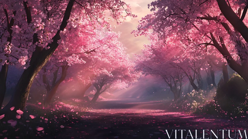 Blossom drenched lane where sunrise turns petals to glass.