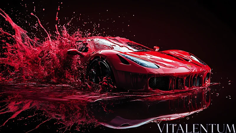Red sports car emerging through liquid splash effect.