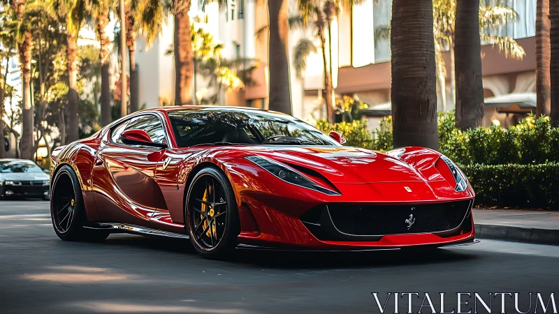 Red sports coupe is parked on an urban palm-lined street