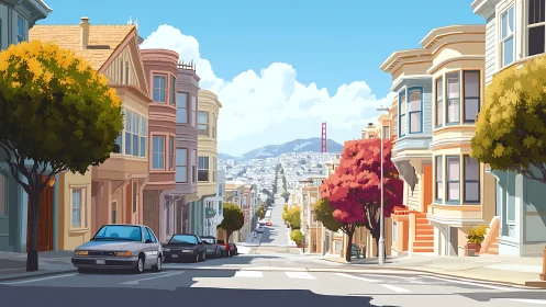 Steep urban street with row houses and distant suspension bridge.