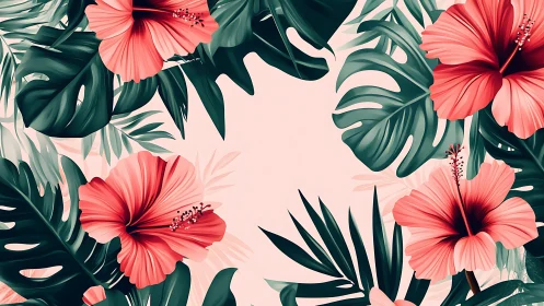 Tropical Blooms with Monstera Leaves in Coral and Green