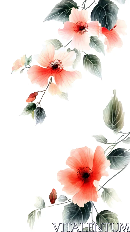 Delicate Coral Hibiscus Flowers with Foliage.