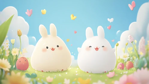 Joyful chubby bunnies sharing a sunny springtime meadow.