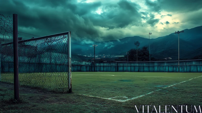 Deserted football pitch under storm-laden sky with moody teal grading