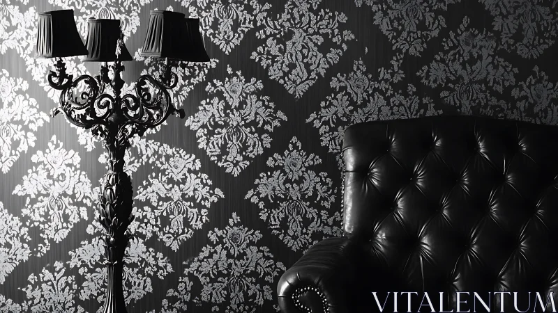 Black leather chair and ornate floor lamp against damask wall.