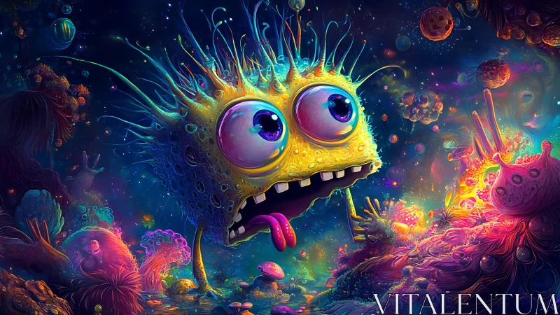 Goofy cosmic monster explores a neon alien dreamscape