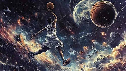 Cosmic basketball player soars toward giant planetary ball