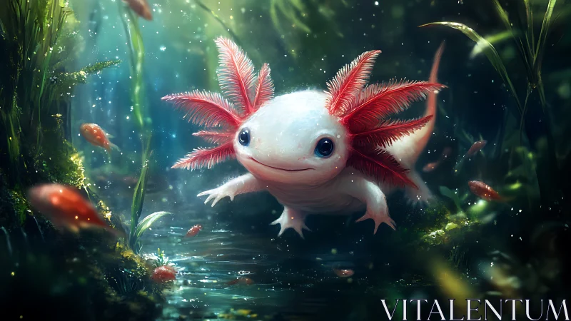 Bioluminescent axolotl in shallow freshwater habitat.