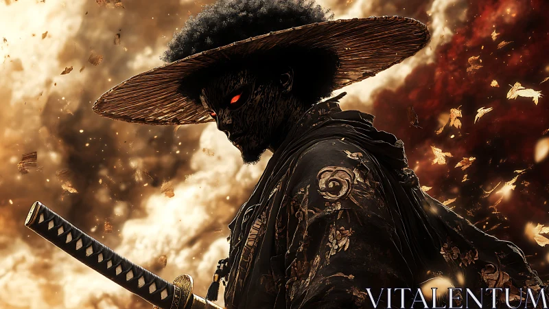 Demonic samurai stands in burning storm of ash and embers