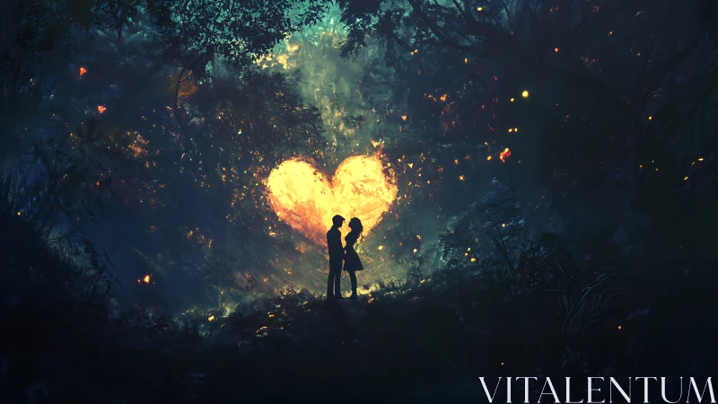 Two Silhouettes Embrace Against Fiery Heart Light.