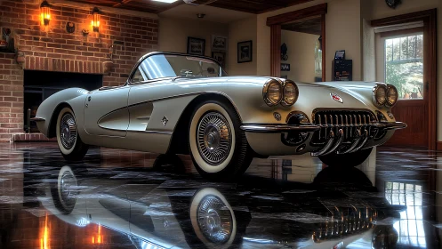 Classic white roadster gleams on polished marble floor.