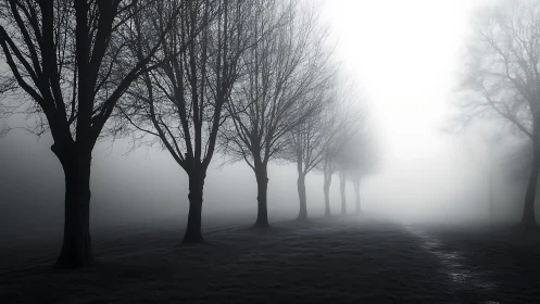 Bare deciduous trees align in dense ground fog over grassland