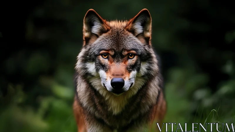 Amber-eyed forest wolf stares through shadow and soft green hush.