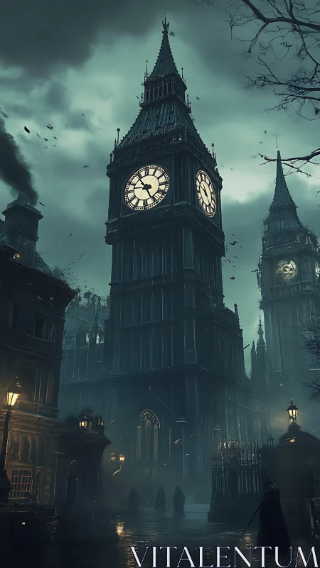 Gothic clock tower in foggy nocturnal city street scene.
