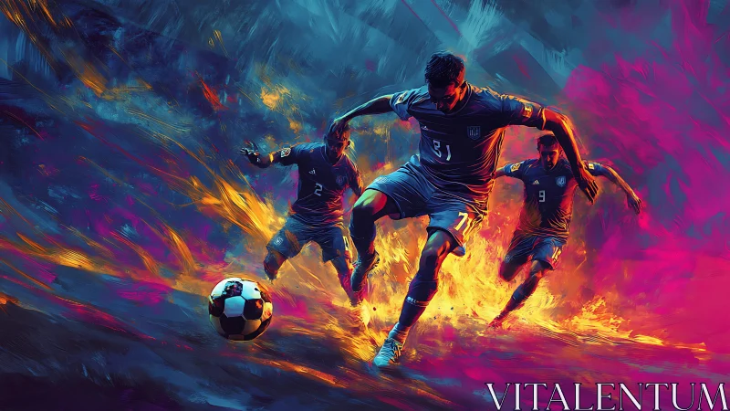 Fiery strikers carve neon trails through blazing football dusk.