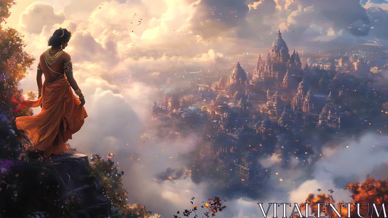 Divine figure gazes over a radiant temple city in clouds.