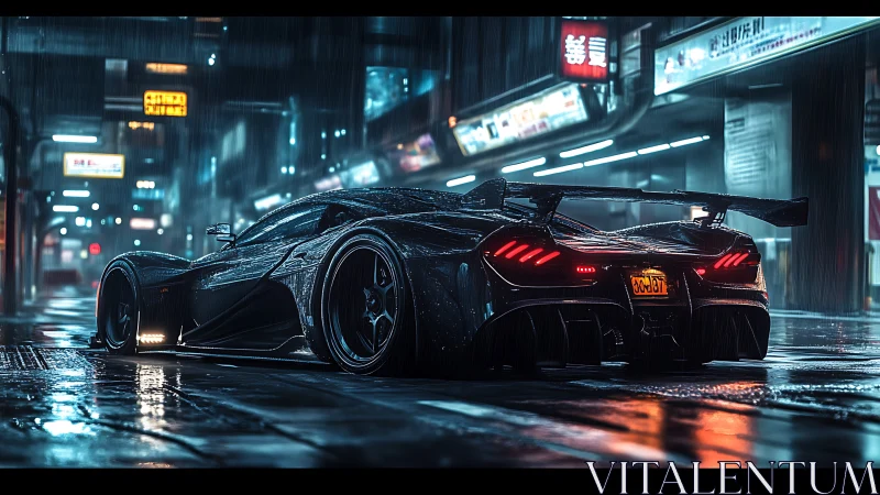 Midnight hypercar cuts neon rain through empty city streets.