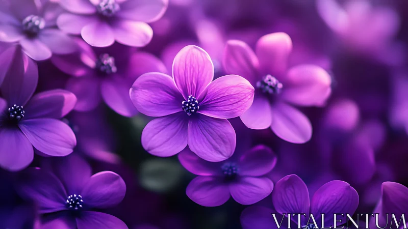 Vivid purple petals bloom in soft-focus floral arrangement.