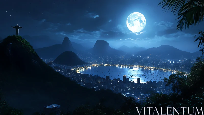 Rio de Janeiro bay at night under bright full moon glow.