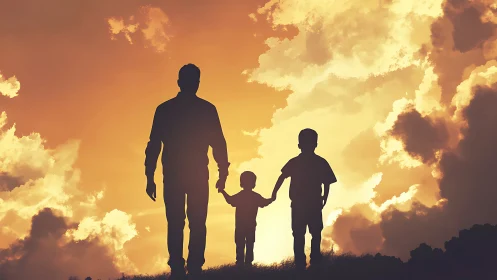 Father and two sons stand silhouetted against golden sunset.