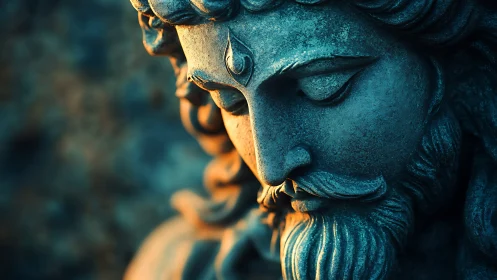 High-contrast close-up of weathered stone deity bust under raking light