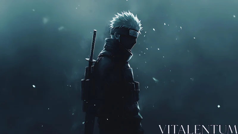 Stormlit masked swordsman waits in swirling midnight haze.