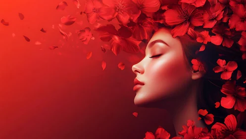 Profile portrait integrates red floral elements with soft gradient blending
