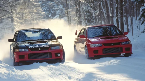 Twin Mitsubishi rally cars carve parallel lines through deep snow
