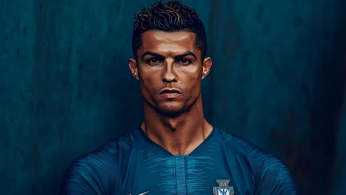 Steel-eyed footballer forged in deep teal stadium glow.