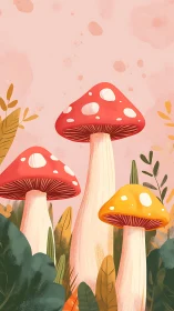 Whimsical forest toadstools posing under a blushing sky.