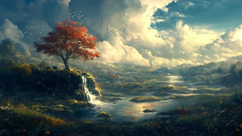 Solitary crimson tree crowns a luminous valley waterfall