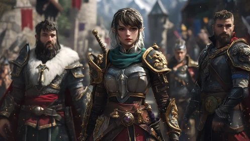 Elf commander stands resolute among armored allies at dawn