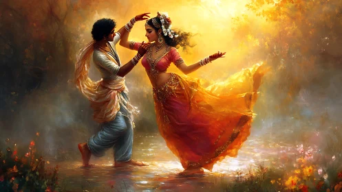 Luminous lovers dance through a golden, enchanted river veil