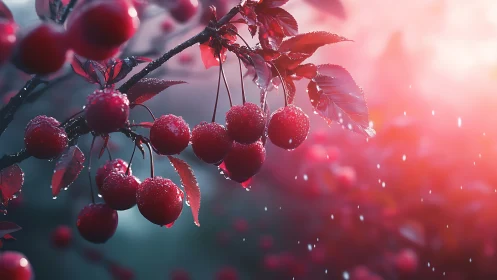 Rain-kissed red cherries glowing in gentle evening light.