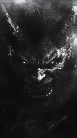 Demonic creature face emerges from dark monochrome smoke