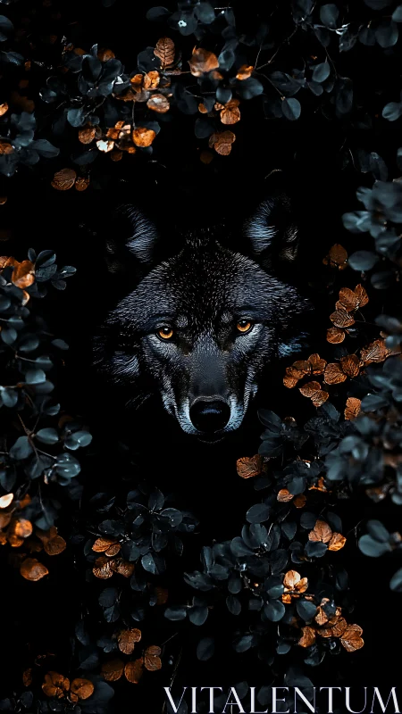 Wolf face centered amid dark foliage with copper leaves