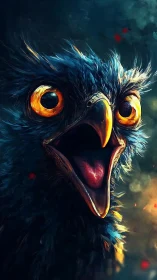 Electric blue owl portrait with blazing amber eyes.