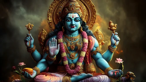 Blue four-armed Hindu deity in ornate golden halo.