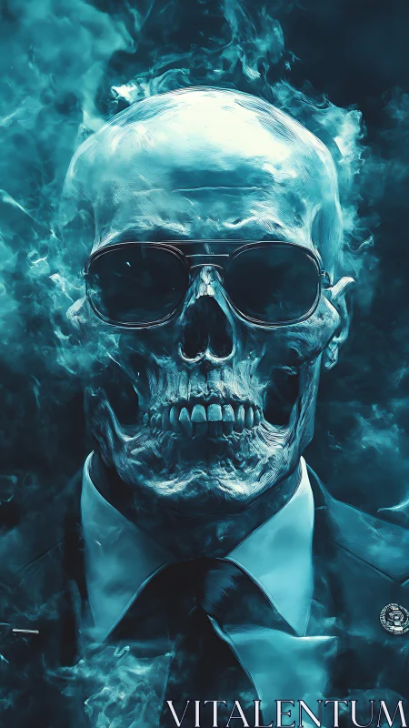 Cyberpunk spectral skull executive in teal vapor suit portrait.