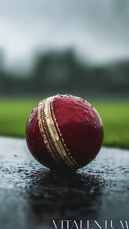Rain-soaked red cricket ball resting between overs on pitch.