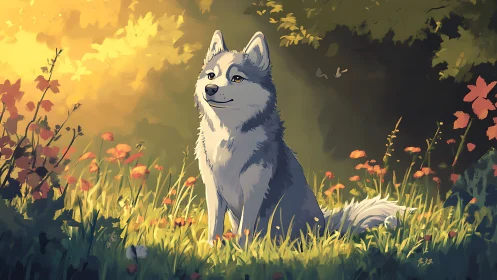 Gentle husky soaking in golden forest morning light.