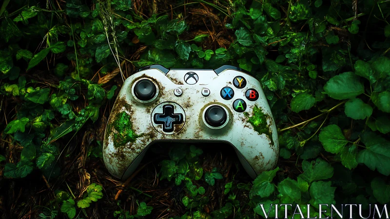 Weathered white game controller rests in lush foliage