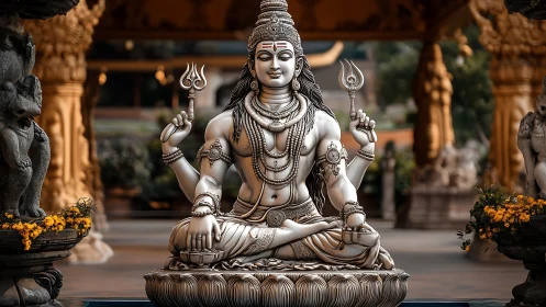Serene Shiva statue rests in ornate temple courtyard light