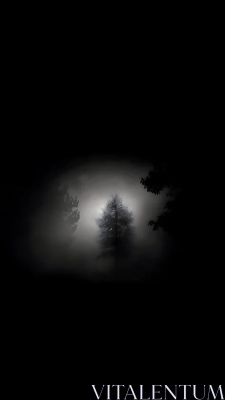 Solitary ghost-tree haloed in nocturnal forest fog.