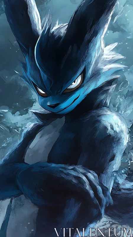 Blue anthropomorphic creature in icy digital environment.