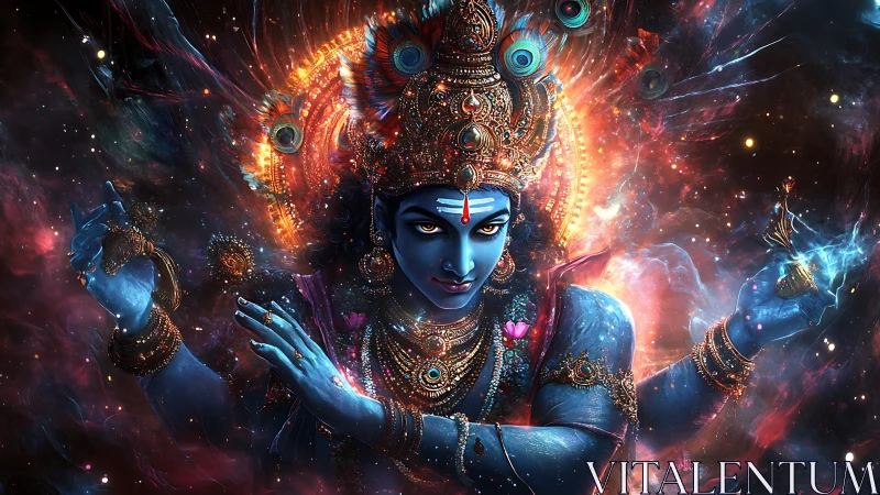 Blue four-armed deity figure is centered in a cosmic field