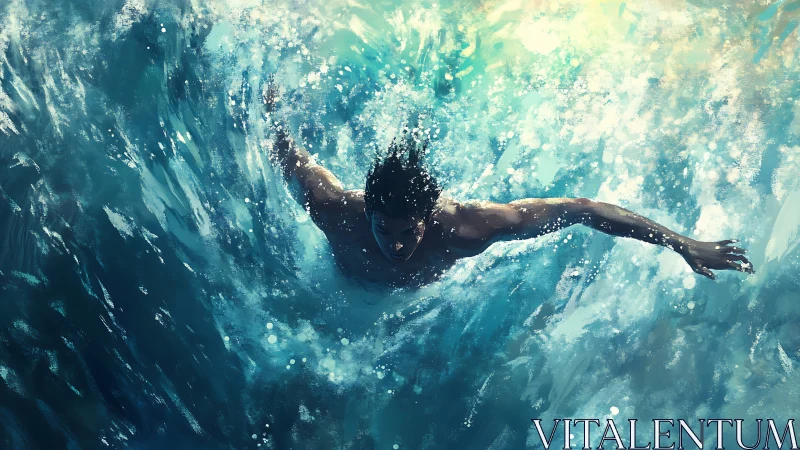 Swimmer cuts through crashing teal waves in radiant light