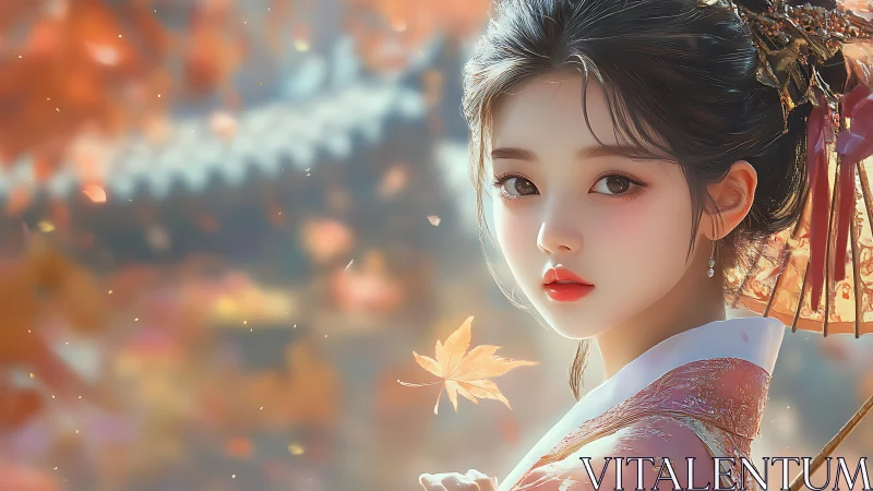 Autumn kimono portrait with shallow-depth bokeh rendering.