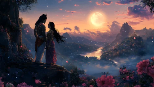 Moonlit river valley with silhouetted couple on floral cliff edge